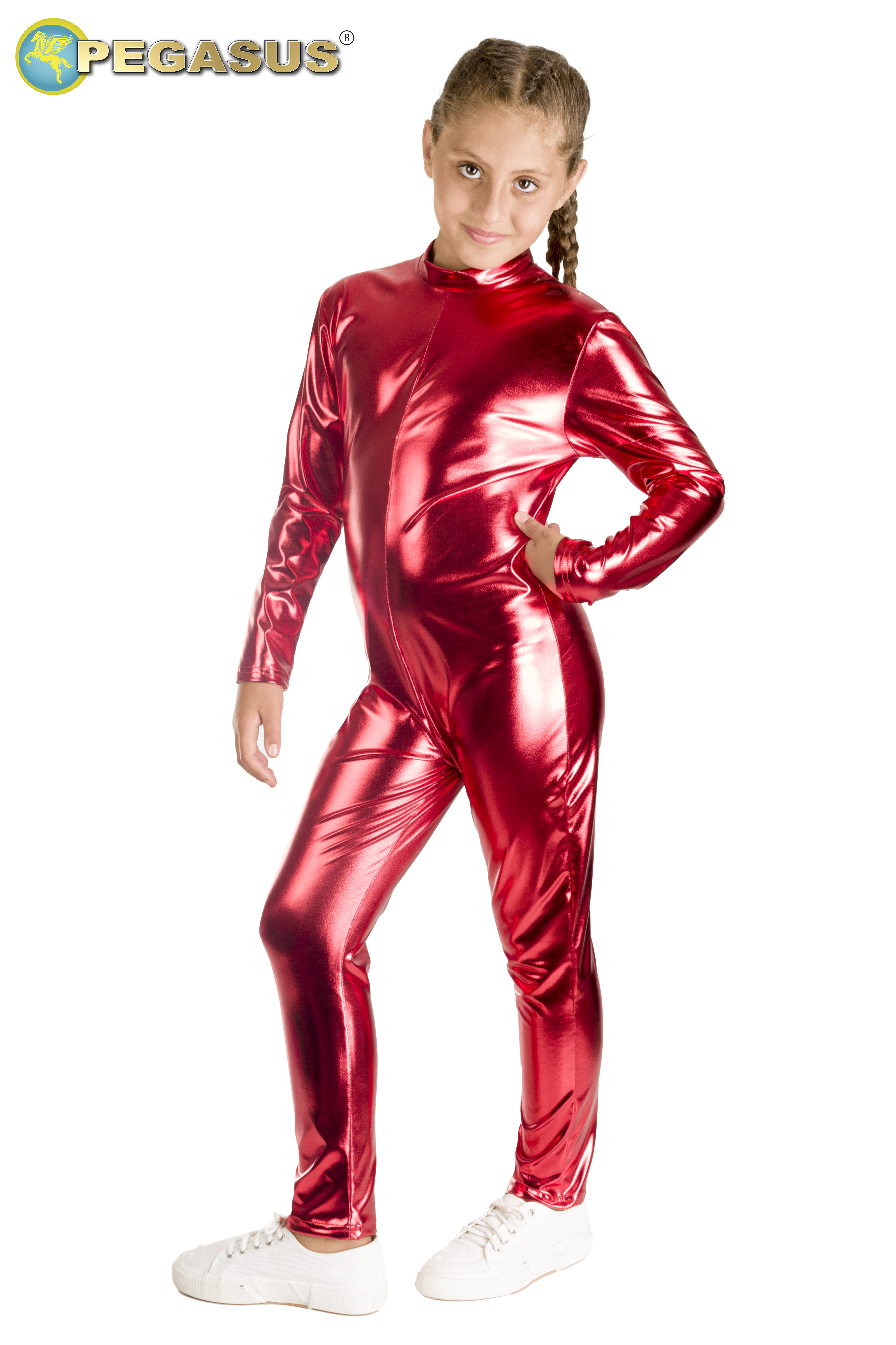 Costume da Tuta elasticizzata metallizzata rossa bambina